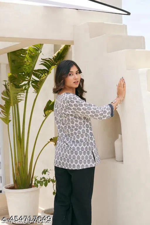 White Hand Block Print Cotton Kurti | Stylish Women's Ethnic Wear
