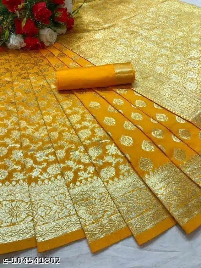 Women's Banarasi Silk Saree with Blouse | Red, Pink, Purple & Yellow | 5.5m