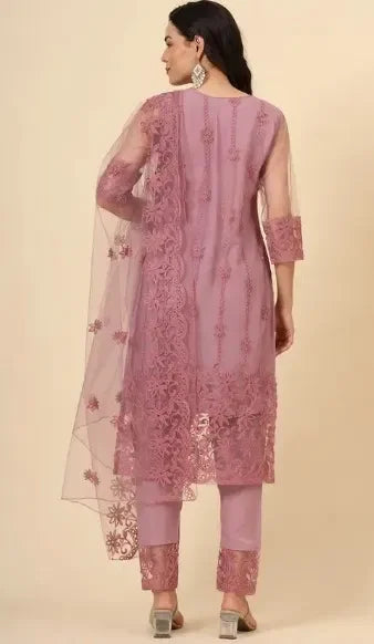 Premium mauve ethnic suit for women with sheer embroidered fabric and intricate floral design