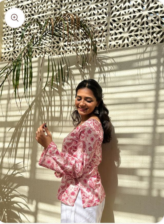 Pink & White Rayon Short Kurti | Square Neck Flared Sleeves | Women & Girls