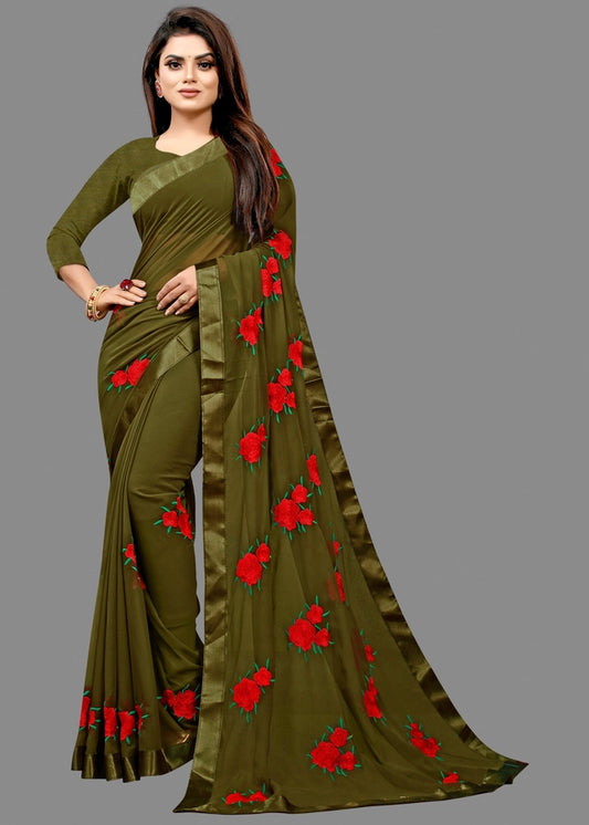Georgette Embroidered Saree | Women's Ethnic Wear | Olive, Black & Bottle Green