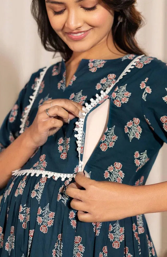 Teal Floral A-Line Flared Kurta | Premium Women's Ethnic Wear