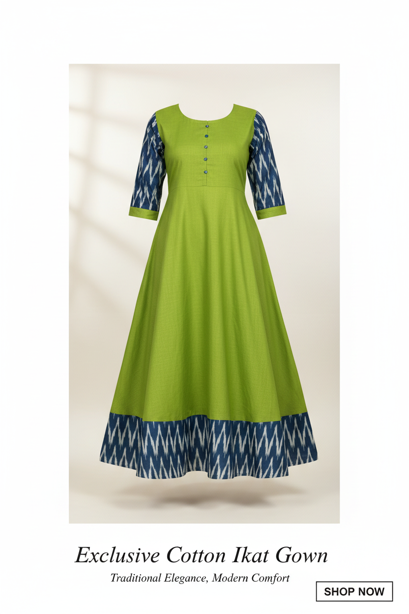 Women Cotton Gown Green - Product Banner