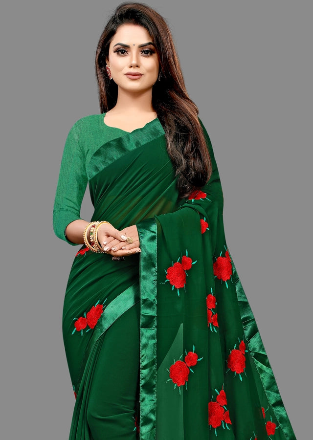Georgette Embroidered Saree | Women's Ethnic Wear | Olive, Black & Bottle Green
