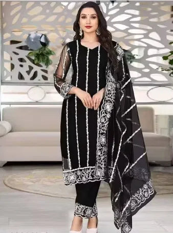 Black rayon kurti set with white ethnic embroidery, premium fabric, elegant festive design