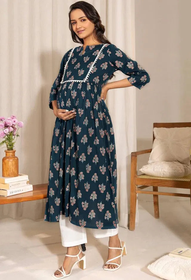 Teal Floral A-Line Flared Kurta | Premium Women's Ethnic Wear