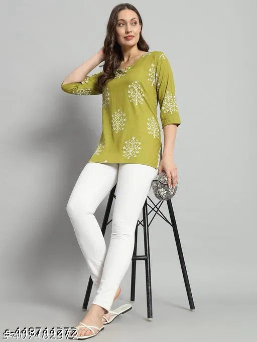 Green Printed Rayon Short Kurti | Stylish Women's Ethnic Wear