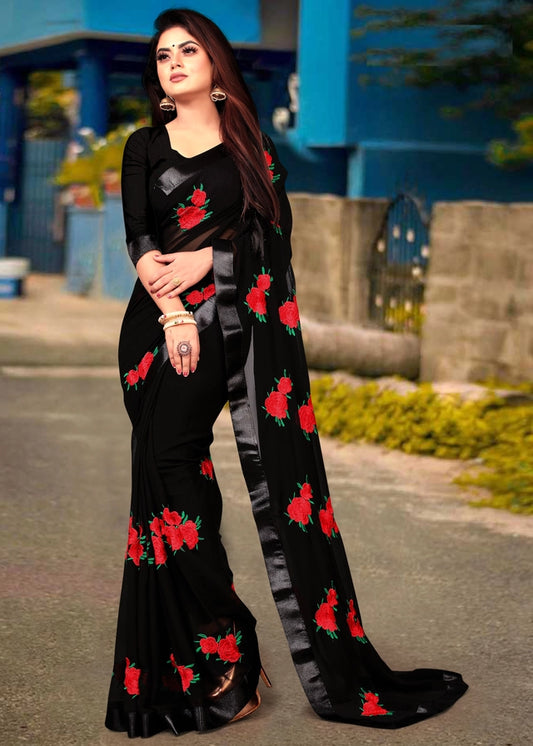Georgette Embroidered Saree | Women's Ethnic Wear | Olive, Black & Bottle Green