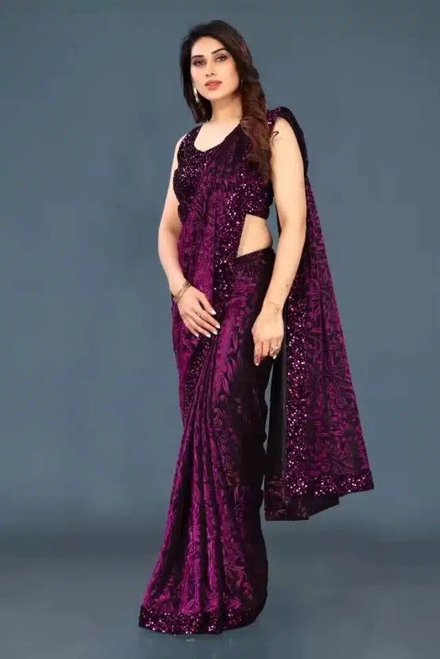 Women's Lycra Sequence Saree | Navy Blue, Maroon, Purple & Green | 5.5m + Blouse