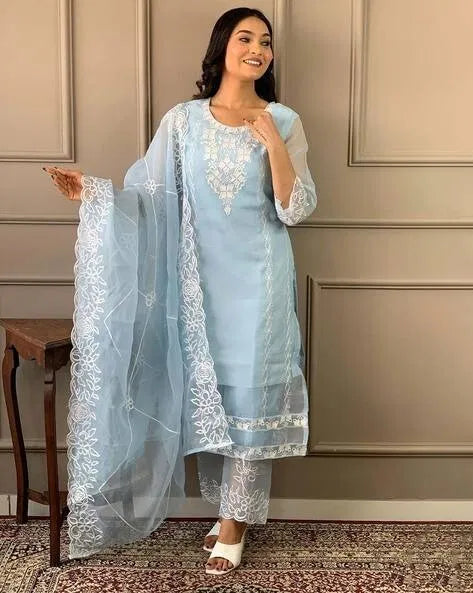 Premium light blue rayon kurti set with white ethnic embroidery and sheer dupatta