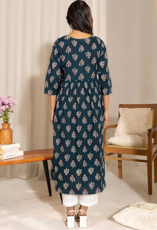 Teal Floral A-Line Flared Kurta | Premium Women's Ethnic Wear