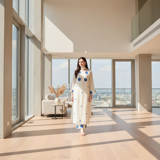 Premium rayon kurti set in cream with blue floral embroidery and elegant ethnic design.