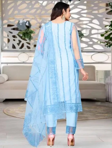 Elegant light blue rayon kurti set with intricate ethnic embroidery and sheer dupatta