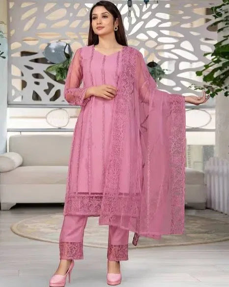 Premium pink rayon kurti set with intricate ethnic embroidery, soft fabric, elegant design