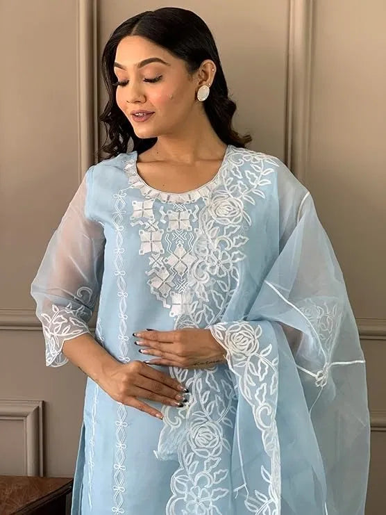 Elegant light blue rayon kurti set with intricate white ethnic embroidery, sheer sleeves, and premium fabric quality.