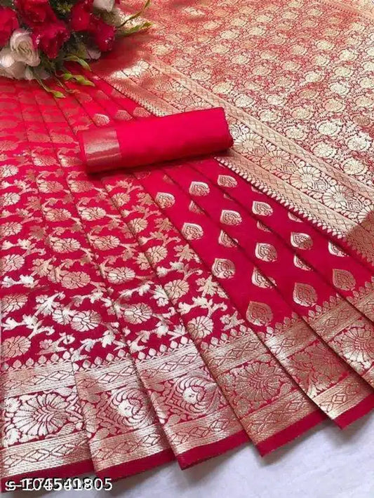Women's Banarasi Silk Saree with Blouse | Red, Pink, Purple & Yellow | 5.5m