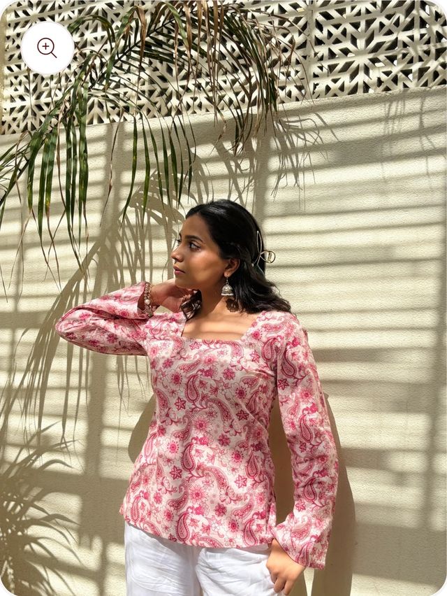 Pink & White Rayon Short Kurti | Square Neck Flared Sleeves | Women & Girls
