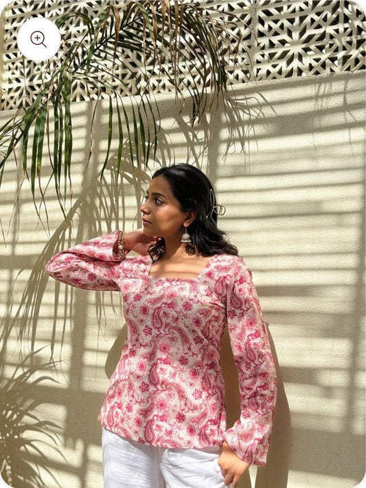 Pink & White Rayon Short Kurti | Square Neck Flared Sleeves | Women & Girls