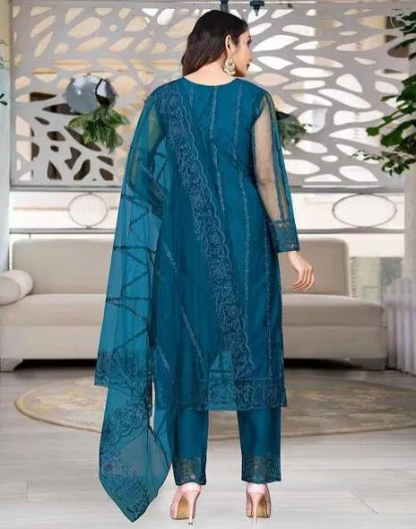 Premium teal blue rayon kurti set with intricate ethnic embroidery and sheer dupatta
