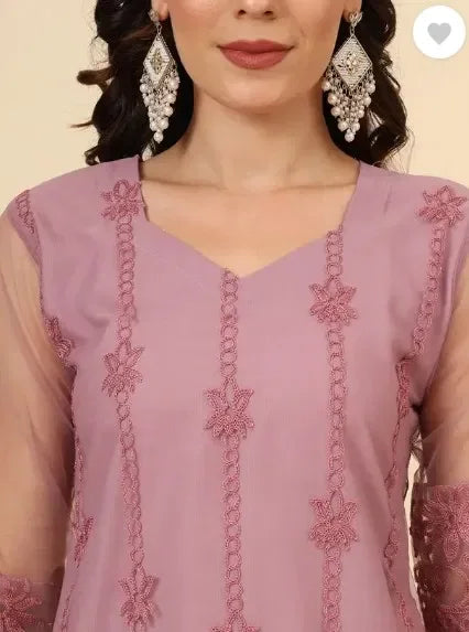 Premium mauve ethnic kurta with sheer sleeves, intricate embroidery, and rich fabric texture