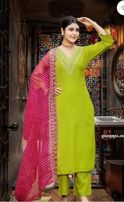 Premium lime green ethnic kurta set with embroidered neckline and pink dupatta