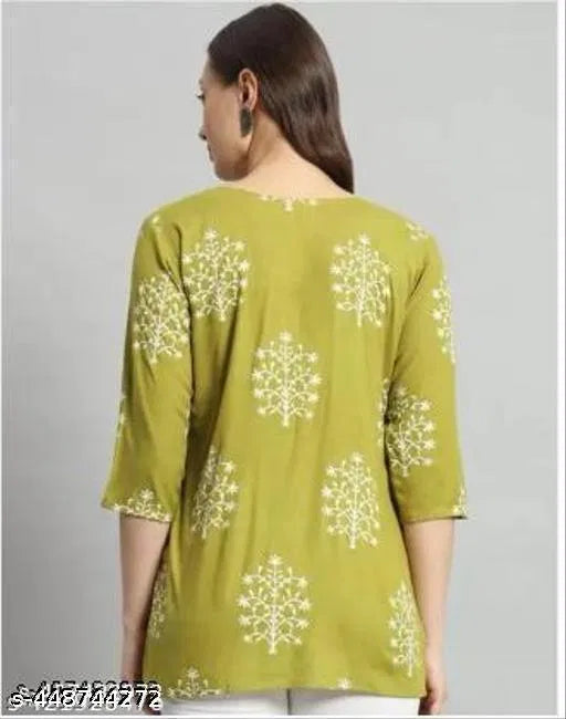 Green Printed Rayon Short Kurti | Stylish Women's Ethnic Wear