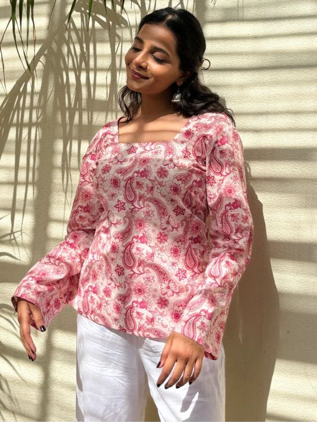 Pink & White Rayon Short Kurti | Square Neck Flared Sleeves | Women & Girls