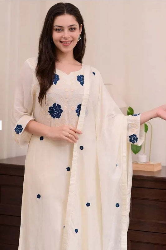 Premium cream rayon kurti set with blue floral embroidery and elegant ethnic design