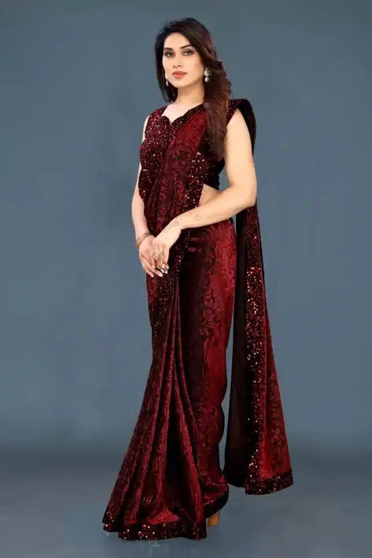 Women's Lycra Sequence Saree | Navy Blue, Maroon, Purple & Green | 5.5m + Blouse