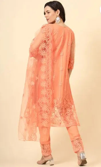 Peach ethnic suit with sheer floral embroidery, premium fabric, elegant traditional design