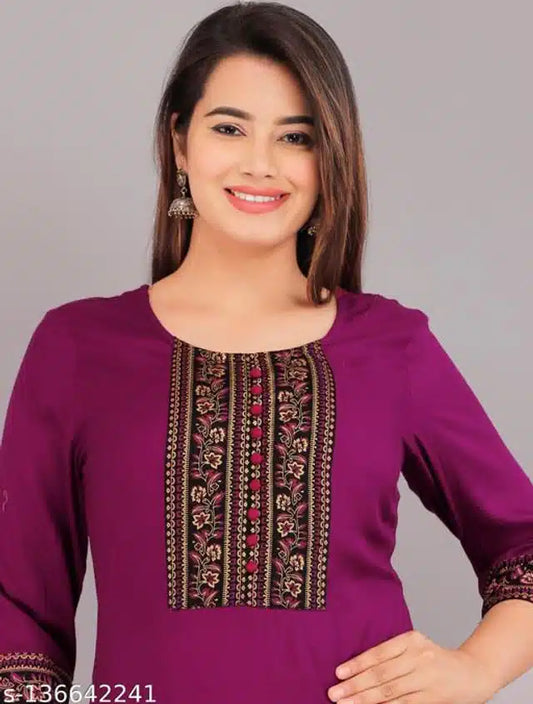 Purple Rayon Embroidered Kurti | Women's Ethnic Wear | All Sizes