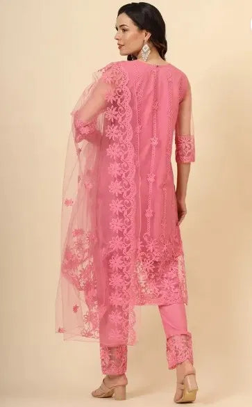 Premium pink ethnic suit with floral embroidery, sheer dupatta, and fine fabric quality