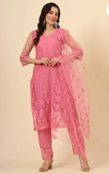 Premium pink ethnic suit set for women with floral embroidery and sheer dupatta