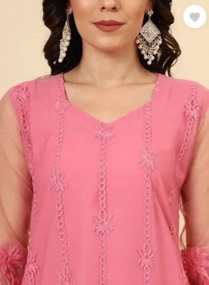 Premium pink ethnic kurti with sheer sleeves, floral embroidery, and fine fabric texture