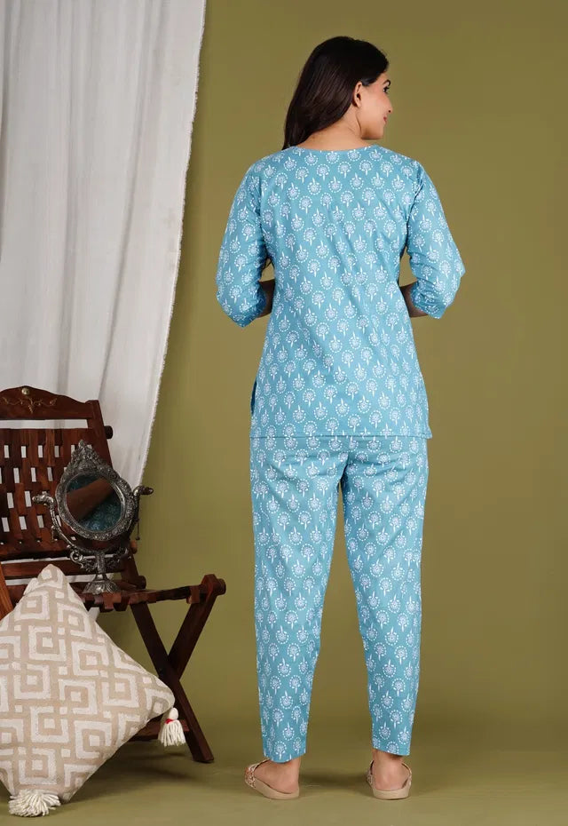 Aqua Blue Floral Print Co-ord Set | Trendy Women's Outfit