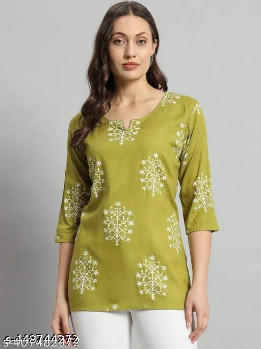 Green Printed Rayon Short Kurti | Stylish Women's Ethnic Wear
