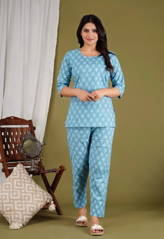 Aqua Blue Floral Print Co-ord Set | Trendy Women's Outfit