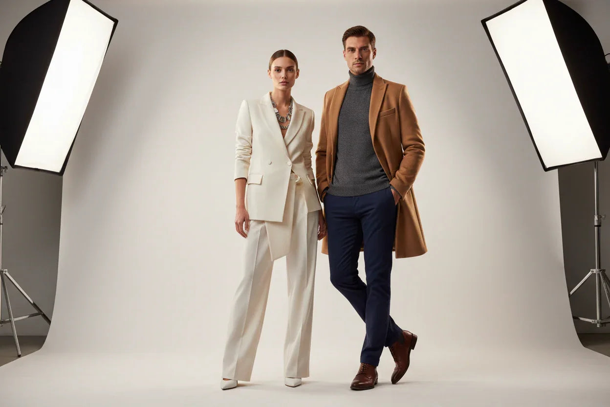 Man and woman modeling premium fabric formal outfits in cream and tan colors, studio setting